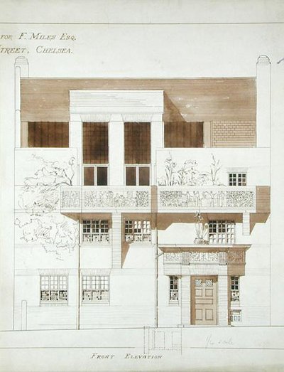 الارتفاع الأمامي للاستوديو والبيت لفرانك مايلز (1852-91) ، شارع تيتي ، تشيلسي ، 1878-79 (قلم وحبر وغسل على الورق) (انظر أيضًا 176481-483 ، 176485) بواسطة إدوارد ويليام جودوين