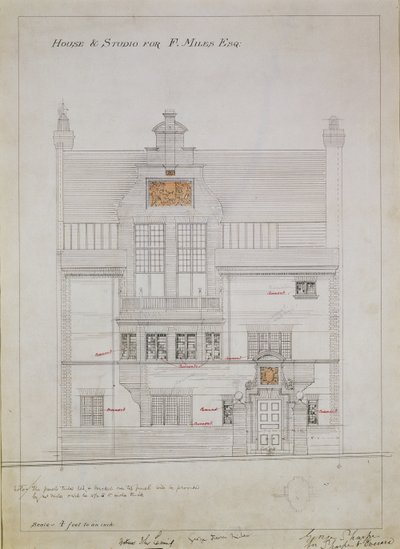 رسم عمل لـ House and Studio for F.Miles Esq ، Tite Street ، Chelsea ، 1878-79 (مرحاض وقلم رصاص على ورق) (انظر أيضًا 176481 ، 176483-485) بواسطة إدوارد ويليام جودوين