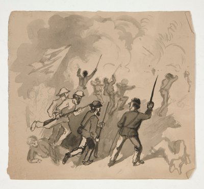 مشهد معركة الحرب الأهلية (الصفحة اليمنى) ؛ رسم توضيحي مجهول لرجل في غابة (ظهر) بواسطة إدوين أوستن أبي