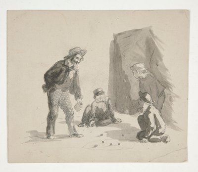 أربعة أولاد يلعبون الكرات (وجه الوجه) ؛ رسم توضيحي غير معروف لصبي على حامل في الداخل (ظهر) بواسطة إدوين أوستن أبي