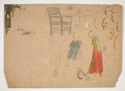 دراسات الرأس والشكل ، ودراسة كرسي (وجه الصفحة) ؛ اسكتشات للرسوم التوضيحية للكتب (ظهر) بواسطة إدوين أوستن أبي