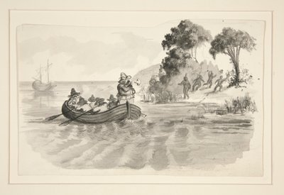 رجال في زورق تجديف يفرون من الهنود على الشاطئ - رسم غير معروف (كولومبوس يكتشف العالم الجديد؟) - المستكشفون الذين هبطوا في العالم الجديد بواسطة إدوين أوستن أبي