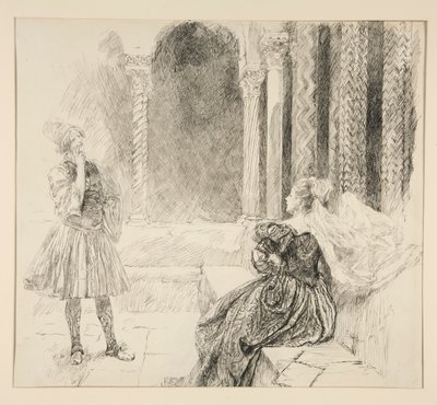 أوليفيا وفيولا ، رسم توضيحي للفصل الأول ، المشهد الخامس ، الليلة الثانية عشرة بواسطة Edwin Austin Abbey