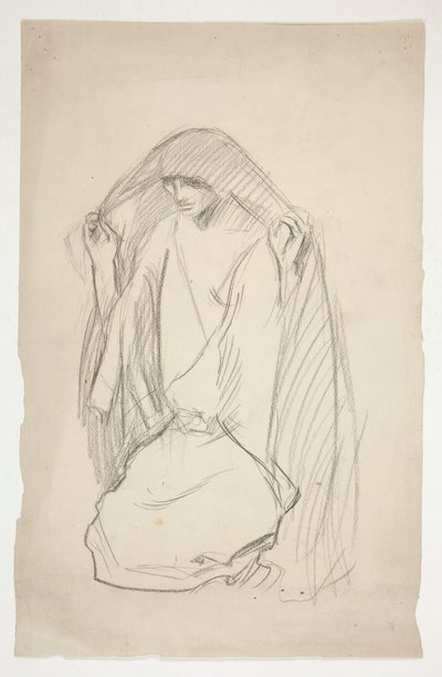 رسم تخطيطي لشخصية أنثوية ترتدي عباءة في الصلاة من أجل ثلاث مريم على الصليب بواسطة إدوين أوستن أبي