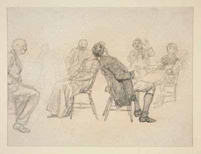 رسم تخطيطي لزوجين يلعبان لعبة ، محاطان بالمشاهدين ، في مكان داخلي (؟) - رسم توضيحي غير معروف بواسطة إدوين أوستن أبي