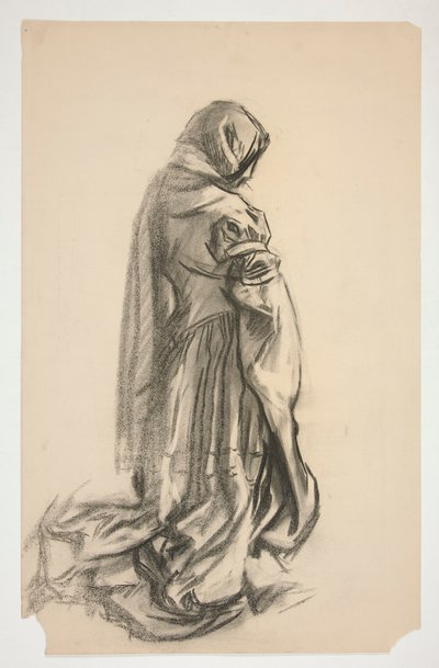 رسم تخطيطي لشخصية أنثى راكعة في ثوب وردي لغالهاد الخلاص ، إحدى جداريات الكأس المقدسة في مكتبة بوسطن العامة بواسطة إدوين أوستن أبي