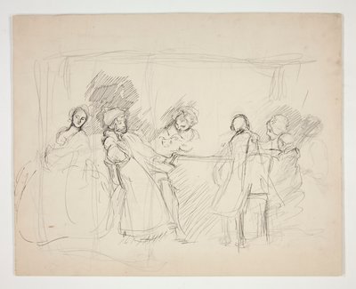رسم تخطيطي لأشكال حول طاولة - رسم توضيحي غير معروف لمسرحية (؟) بواسطة إدوين أوستن أبي