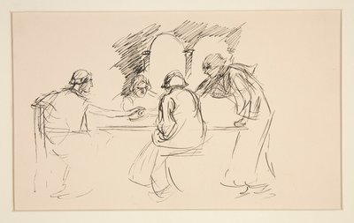 رسم تخطيطي لأربعة رجال يرتدون ملابس من العصور الوسطى على طاولة - رسم غير معروف ، ربما لـ بواسطة إدوين أوستن أبي