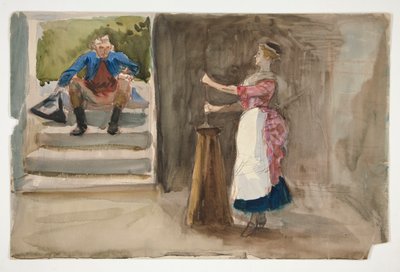 امرأة تخضض زبدة ، رجل يرتدي لباسًا ثوريًا يراقب - (رسم غير محدد) بواسطة إدوين أوستن أبي