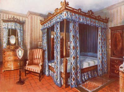 غرفة نوم Hepplewhite. سرير ساتانوود مرصع بالخرز من Chintz. خزانة ملابس مطعمة بالساتانوود وخزانة الماهوجني بواسطة إدوين جون فولي