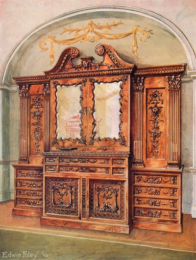 خزانة الكتب الماهوجني المنحوتة - أسلوب Chippendale - التأثير الفرنسي بواسطة إدوين جون فولي