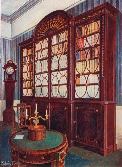 مطعمة الماهوغوني خزانة الكتب كسر الجبهة. الجدول مركز الماهوجني الركيزة. ساعة Mahogany High-Case بواسطة إدوين جون فولي