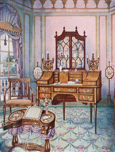 مطعمة الماهوجني اسطوانة سقوط الصين وحقيبة الكتاب. &39;D&39;-Satinwood رسم وكتابة طاولة. طاولة عمل من شيراتون. شاشات بانر ، أواخر القرن الثامن عشر بواسطة إدوين جون فولي