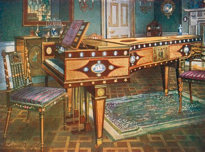 أثاث زخرفي أواخر القرن الثامن عشر. Satinwood و Mahogany Inlaid Pianoforte ، مع لوحات Wedgwood ، و Ormolu Mounts ، Panel and Stars ، قدمها مانويل جودوي إلى ملكة إسبانيا في عام 1796. بواسطة إدوين جون فولي