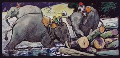 Elephants handling Logs in River (colour litho) بواسطة إدوين نوبل