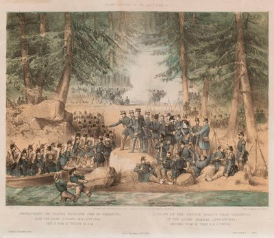 إنزال القوات الفرنسية بالقرب من بومارسوند في جزر آلاند ، 8 أغسطس 1854 (طباعة حجرية ، ملون) بواسطة إدوين توماس (بعد) دولبي