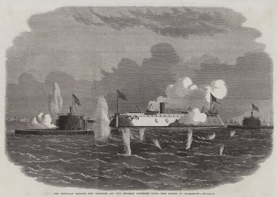 الفرقاطة الحديدية المكسوة بالحديد الجديدة Ironsides وبطاريتان Ericsson في العمل في تشارلستون بواسطة Edwin Weedon