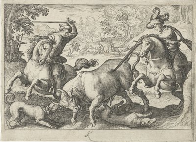 منظر طبيعي مع صيد الثور مشاهد الصيد (عنوان المسلسل) Icones Venantum Species Varias Representantes (عنوان السلسلة) بواسطة انطونيو تمبيستا