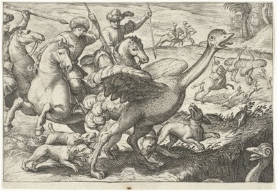 منظر طبيعي مع صيد النعام مشاهد الصيد (عنوان المسلسل) Icones Venantum Species Varias Representantes (عنوان السلسلة) بواسطة انطونيو تمبيستا