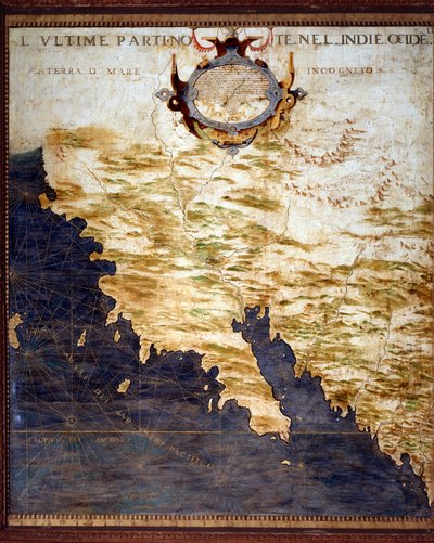 رسم خريطة حدود جزر الهند الغربية والأراضي غير المعروفة إجنازيو دانتي (1536-1586) عالم رياضيات وعالم كوزموغرافي ومهندس إيطالي. حوالي عام 1567. فلورنسا ، قصر فيكيو ، سالا ديل ماباموندو بواسطة اجنازيو دانتي