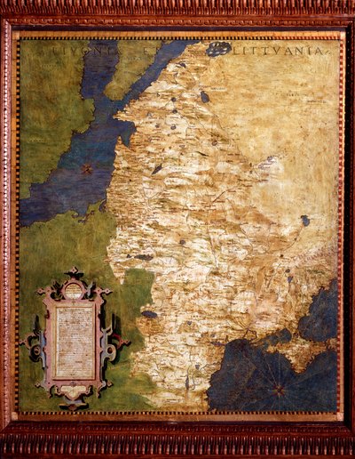 ليفونيا على بحر البلطيق ، وخريطة ليتوانيا بواسطة إجنازيو دانتي (1536-1586) عالم رياضيات وكوزموغرافي ومهندس إيطالي. حوالي عام 1567. فلورنسا ، قصر فيكيو ، سالا ديل ماباموندو بواسطة اجنازيو دانتي