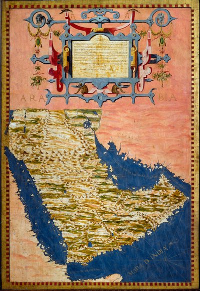 خريطة لشبه الجزيرة العربية رسمها إجنازيو دانتي (1536-1586) حوالي عام 1567 رسم الخزانات في غرفة الخرائط الجغرافية. Palazzo Vecchio ، Sala del Mappamondo فلورنسا بواسطة اجنازيو دانتي