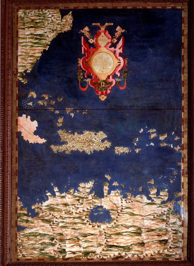 سانتو دومينغو (سانتو دومينغو) أو خريطة هيسبانيولا صنعها إجنازيو دانتي (1536-1586) عالم الرياضيات وعالم الكونيات والمهندس المعماري الإيطالي. حوالي عام 1567. فلورنسا ، قصر فيكيو ، سالا ديل ماباموندو بواسطة اجنازيو دانتي