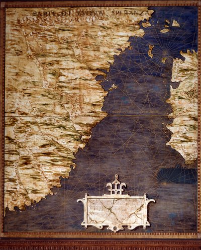 جنوب إفريقيا وخريطة رأس الترجي الصالح رسمها إجنازيو دانتي (1536-1586) عالم الرياضيات وعالم الكونيات والمهندس المعماري الإيطالي. حوالي عام 1567. فلورنسا ، قصر فيكيو ، سالا ديل ماباموندو بواسطة اجنازيو دانتي