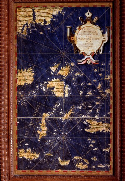 خريطة جزر الملوكا رسمها إجنازيو دانتي (1536-1586) عالم رياضيات وعالم كوزموغرافي ومهندس إيطالي. حوالي عام 1567. فلورنسا ، قصر فيكيو ، سالا ديل ماباموندو بواسطة اجنازيو دانتي
