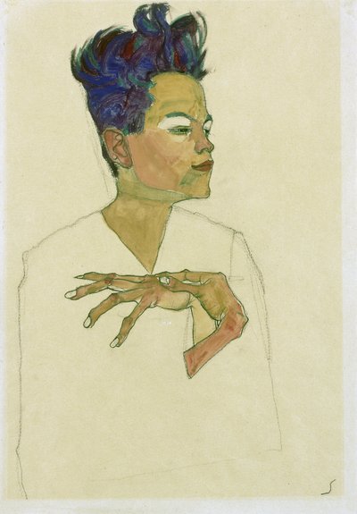 صورة شخصية مع اليدين على صدره. (صورة شخصية مع اليدين على الصدر). عمل إيغون شييل (1890-1918) ، ألوان مائية وطباشير على ورق بواسطة ايغون شييل