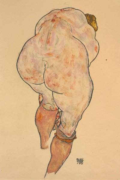 أنثى عارية تسحب جوارب ، منظر خلفي ، 1918. بواسطة Egon Schiele