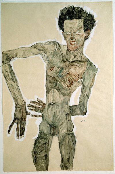 ذكر عاري (بورتريه ذاتي). رسم إيغون شيئيل (1890-1918) ، 1910. قلم رصاص وألوان مائية وطباعة على الورق. خافت: 55،7x36،8 سم. فيينا ، Graphische Sammlung Albertina بواسطة Egon Schiele
