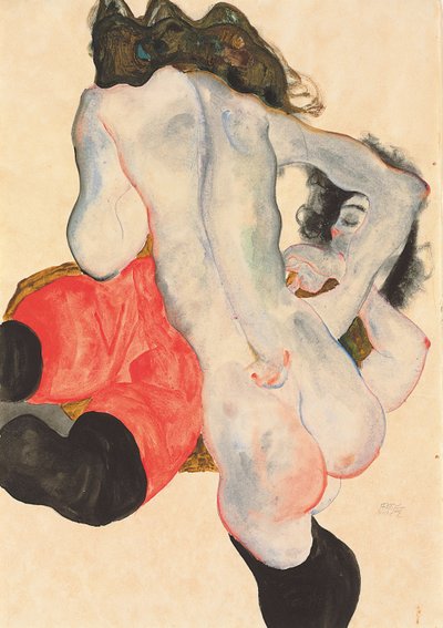 امرأة متكئة ترتدي بنطلونًا أحمر وعارية الأنثى ، 1912 بواسطة Egon Schiele