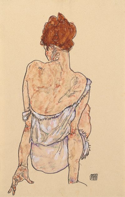 امرأة جالسة في ملابس داخلية ، منظر خلفي ، 1917 بواسطة Egon Schiele
