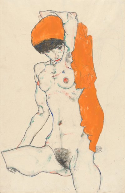 يقف عاريًا مع ستائر برتقالية ، 1914 (مرحاض ، غواش وجرافيت على ورق) بواسطة Egon Schiele