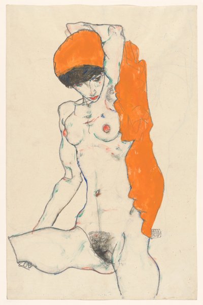 واقفا عاري مع ستائر برتقالية ، 1914. بواسطة Egon Schiele