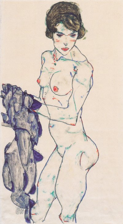 امرأة عارية عارية بقطعة قماش زرقاء بواسطة Egon Schiele