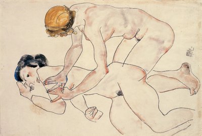 امرأتان عاريتان متكئتان على ركبتيهما بواسطة Egon Schiele