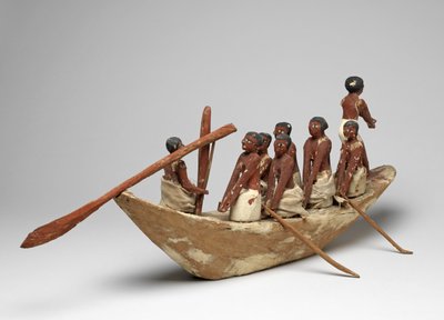 زورق إبحار نموذجي من مقبرة خيت (بني حسن) المملكة الوسطى ، c.2010 قبل الميلاد - 1950 قبل الميلاد (الخشب المطلي والكتان) بواسطة الأسرة الثانية عشرة المصرية