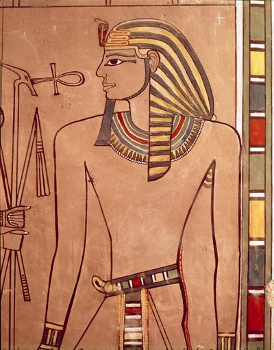 أمنحتب الثاني (c.1427-1392 قبل الميلاد) مع رفع عنخ إلى شفتيه ، من غرفة التابوت في قبره ، المملكة الحديثة (الحجر الجيري المطلي) بواسطة الأسرة الثامنة عشر المصرية