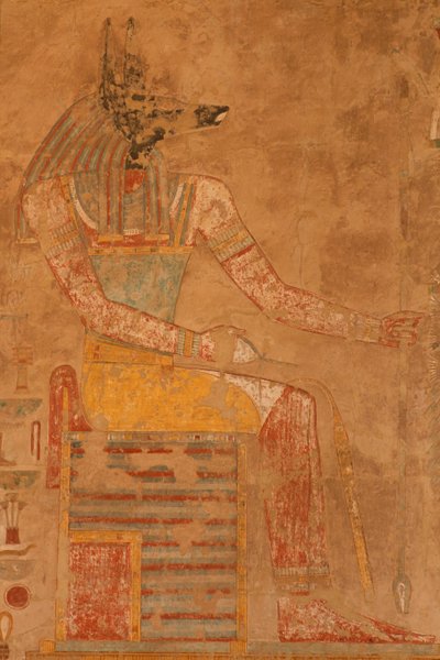 أنوبيس ، إله الموت من معبد الملكة حتشبسوت الجنائزي (1503-1482 قبل الميلاد) (الحجر الجيري المطلي) بواسطة الأسرة الثامنة عشر المصرية