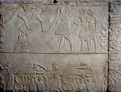 ترتيب الطعام في المخازن، نقوش جدارية من الحجر الجيري، من مقبرة حورمحب المحفوظية في سقارة، الحضارة المصرية، المملكة الحديثة، الأسرة الثامنة عشرة بواسطة الأسرة الثامنة عشر المصرية
