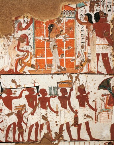 مصر ، طيبة ، وادي الخوخة ، مقبرة النبلاء ، قبر نيبامون وإيبوكي ، تفاصيل اللوحات الجدارية التي تصور موكب جنازي وأرملة من قبل كاتافالكي للمتوفى بواسطة الأسرة الثامنة عشر المصرية