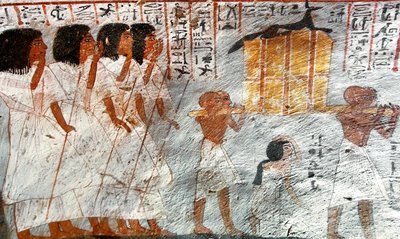 الأنتيكيت المصري: موكب مع حاملي أواني المظلات التي تستخدم لجمع أحشاء المتوفى. رسم قبر روي بواسطة الأسرة الثامنة عشر المصرية