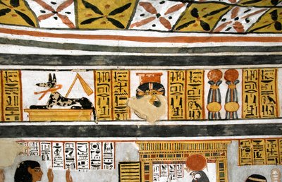 الآثار المصرية: تمثيل أنوبيس وحتحور والهيروغليفية. لوحة قبر روي بواسطة الأسرة الثامنة عشر المصرية