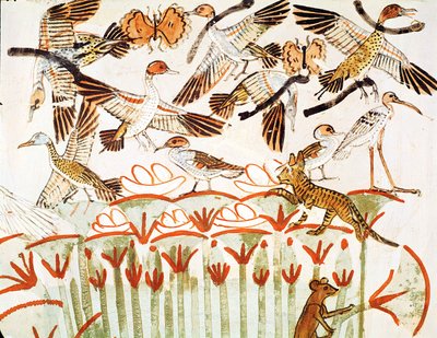 الصيد والطيور في الأهوار ، تفاصيل الطيور ، من مصلى مقبرة منة ، المملكة الحديثة (رسم جداري) بواسطة الأسرة الثامنة عشر المصرية