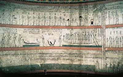 لوحات جدارية تصور كتاب أمدوات ، رحلة القارب الشمسي ، على غرف الدفن الجدار الغربي بواسطة الأسرة الثامنة عشر المصرية