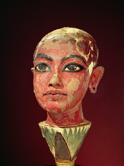 رأس الطفل الملك الذي يخرج من زهرة اللوتس ، من مقبرة توت عنخ آمون (1370-1352 قبل الميلاد) المملكة الحديثة (خشب مصبوغ ومطلي) (انظر أيضًا 149406) بواسطة Egyptian 18th Dynasty