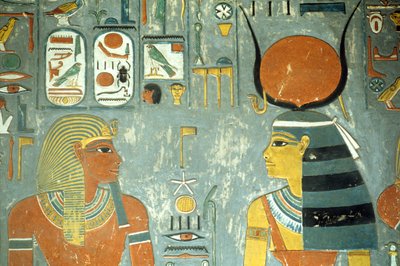 حورمحب وحتحور ، من مقبرة حورمحب (c.1323-1295 قبل الميلاد) المملكة الحديثة (رسم جداري) (تفاصيل 218340) بواسطة الأسرة الثامنة عشر المصرية