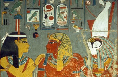 حورس ، حورمحب وحتحور ، من مقبرة حورمحب (حوالي 1323-1295 قبل الميلاد) المملكة الحديثة (رسم جداري) بواسطة الأسرة الثامنة عشر المصرية